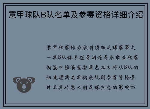 意甲球队B队名单及参赛资格详细介绍